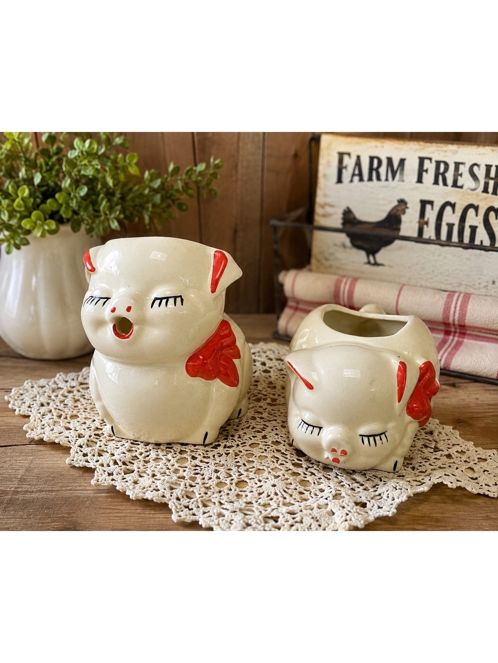 Vintage Ceramic Pig Creamer & Sugar Bowl Set Red Bow Retro Farmhouse Kitchen